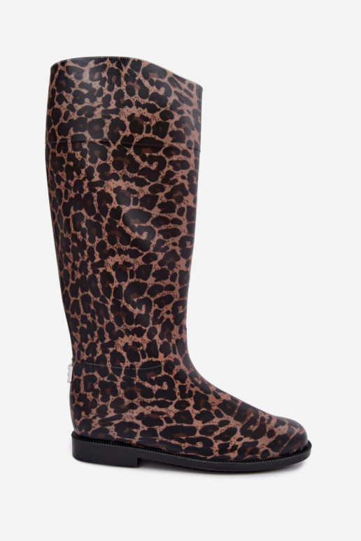 Stivali in gomma alti da donna con tacco largo e stampa leopardata neri Melianne