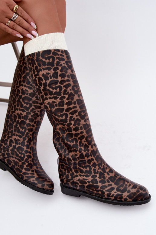 Stivali in gomma alti da donna con tacco largo e stampa leopardata neri Melianne