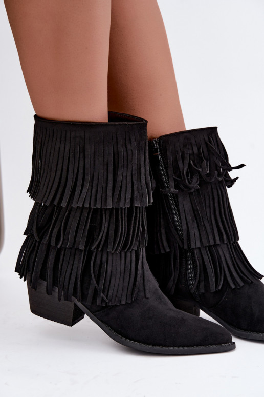Stivaletti in stile cowboy con frange e tacchi in nero Lunia