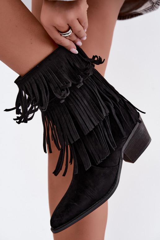 Stivaletti in stile cowboy con frange e tacchi in nero Lunia