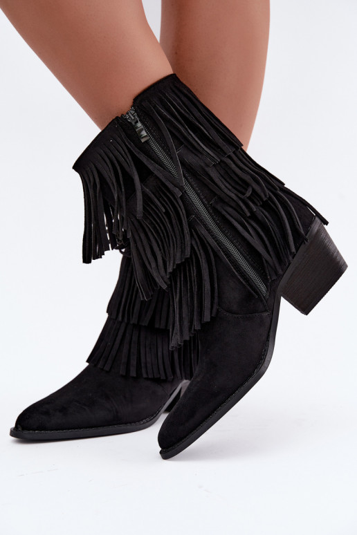 Stivaletti in stile cowboy con frange e tacchi in nero Lunia