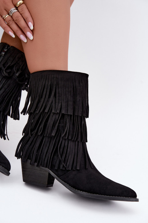Stivaletti in stile cowboy con frange e tacchi in nero Lunia