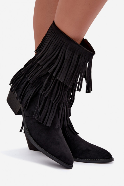 Stivaletti in stile cowboy con frange e tacchi in nero Lunia