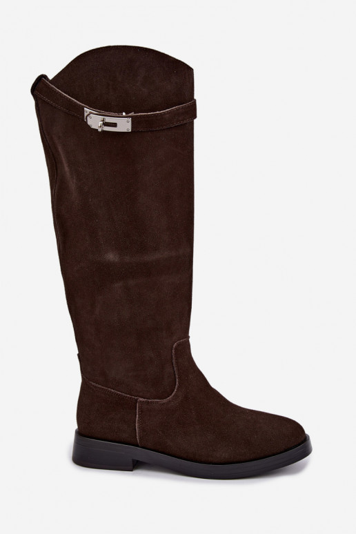 Stivali sopra il ginocchio in suede color cioccolato con cinturini decorativi Clarimond
