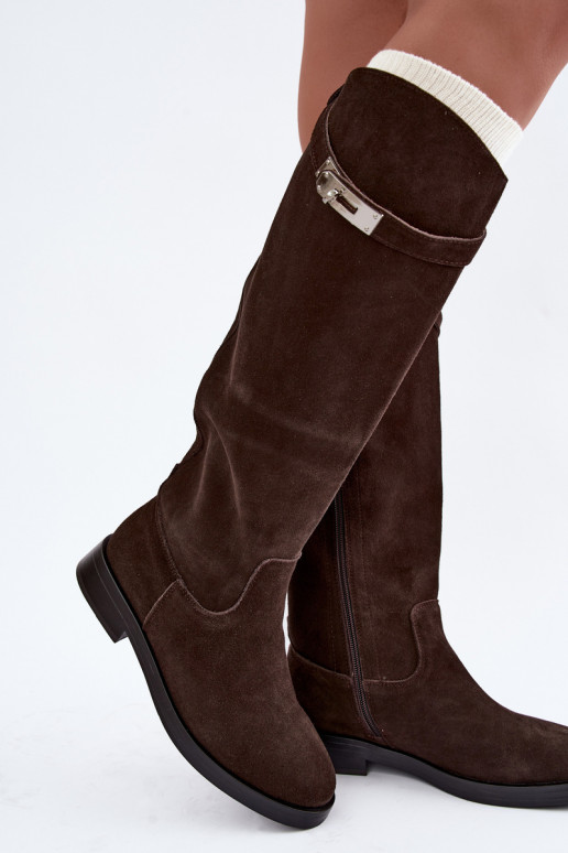 Stivali sopra il ginocchio in suede color cioccolato con cinturini decorativi Clarimond