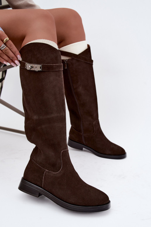 Stivali sopra il ginocchio in suede color cioccolato con cinturini decorativi Clarimond