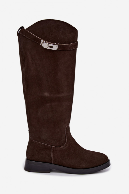 Stivali sopra il ginocchio in suede color cioccolato con cinturini decorativi Clarimond