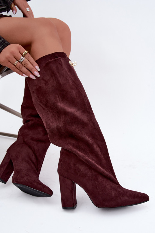 Stivali alti foderati in pile con doppio gambale e tacchi in suede bordeaux di Luminelle