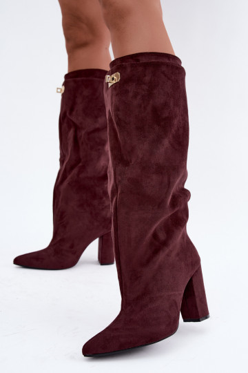 Stivali alti foderati in pile con doppio gambale e tacchi in suede bordeaux di Luminelle 2