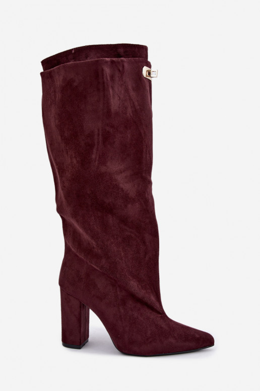 Stivali alti foderati in pile con doppio gambale e tacchi in suede bordeaux di Luminelle