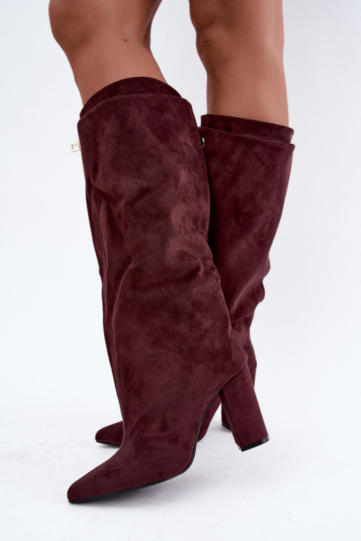 Stivali alti foderati in pile con doppio gambale e tacchi in suede bordeaux di Luminelle