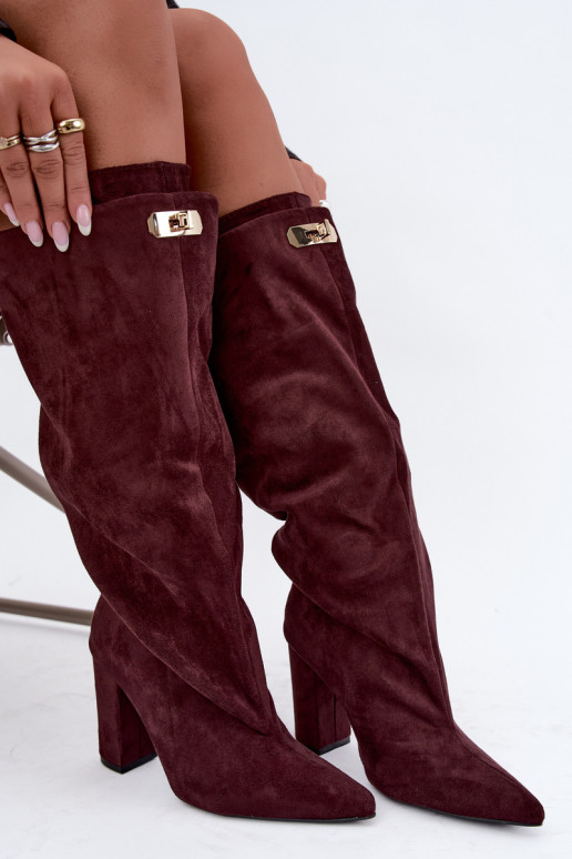 Stivali alti foderati in pile con doppio gambale e tacchi in suede bordeaux di Luminelle