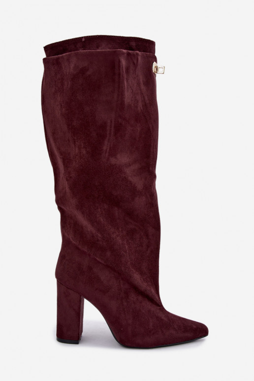 Stivali alti foderati in pile con doppio gambale e tacchi in suede bordeaux di Luminelle
