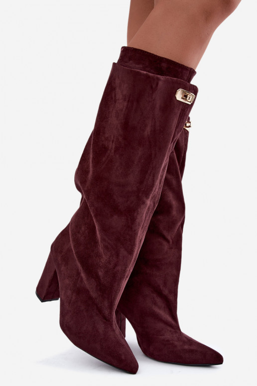 Stivali alti foderati in pile con doppio gambale e tacchi in suede bordeaux di Luminelle
