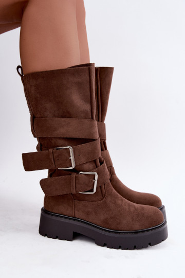 stivali alti foderati con piattaforma e fibbie in colore marrone Palomae