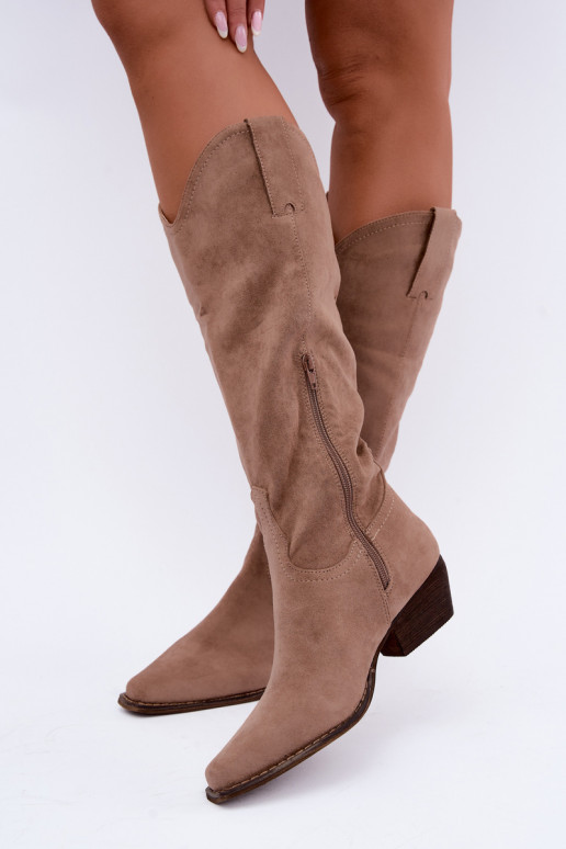Stivali cowboy beige con tacco basso Grisel