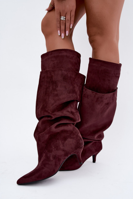 Orielle stivali lunghi imbottiti con volant e tacchi color bordeaux