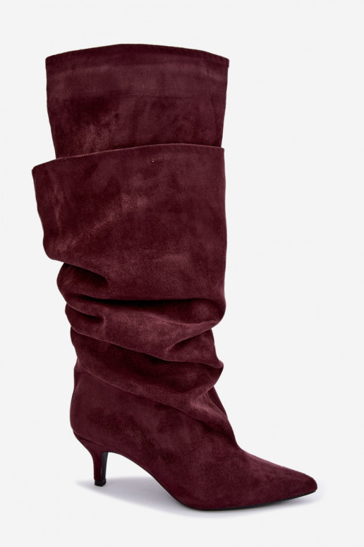 Orielle stivali lunghi imbottiti con volant e tacchi color bordeaux