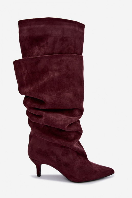 Orielle stivali lunghi imbottiti con volant e tacchi color bordeaux