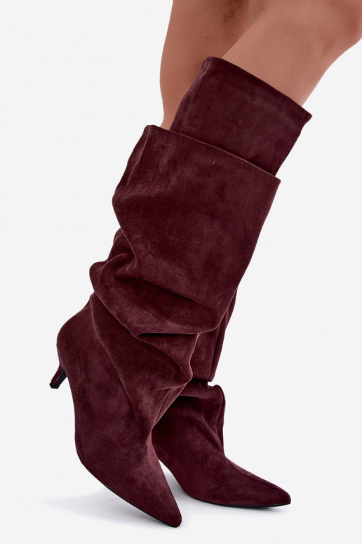 Orielle stivali lunghi imbottiti con volant e tacchi color bordeaux