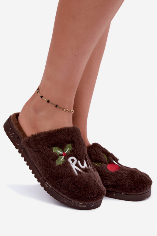 Pantofole da donna con iscrizione marrone scuro Perelle