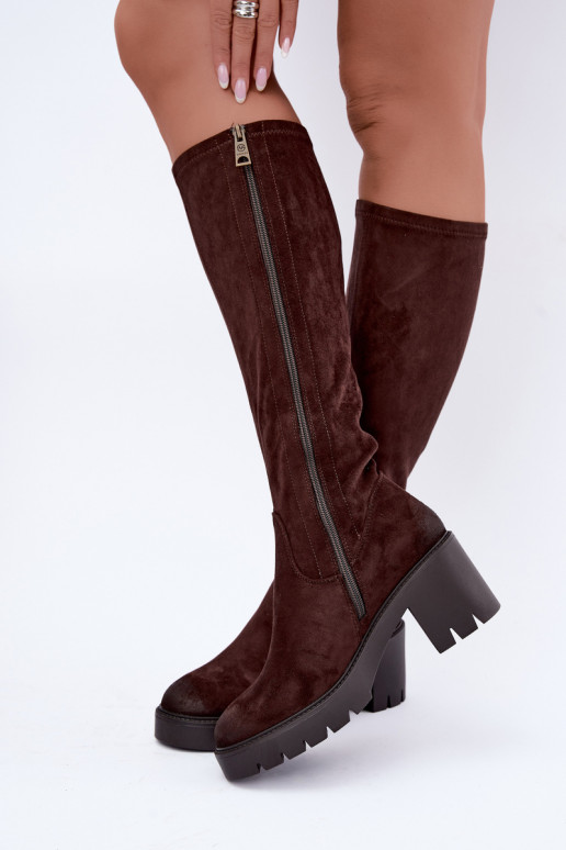 Stivali sopra il ginocchio in finta suede con tacco color cioccolato Vinceza 58332