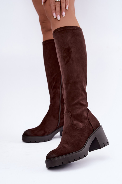 Stivali sopra il ginocchio in finta suede con tacco color cioccolato Vinceza 58332