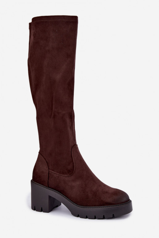 Stivali sopra il ginocchio in finta suede con tacco color cioccolato Vinceza 58332
