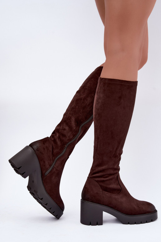 Stivali sopra il ginocchio in finta suede con tacco color cioccolato Vinceza 58332