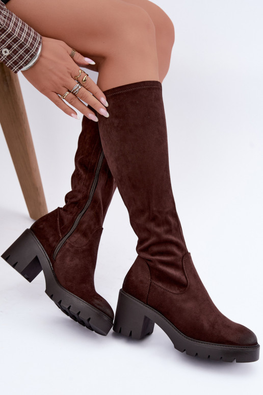 Stivali sopra il ginocchio in finta suede con tacco color cioccolato Vinceza 58332