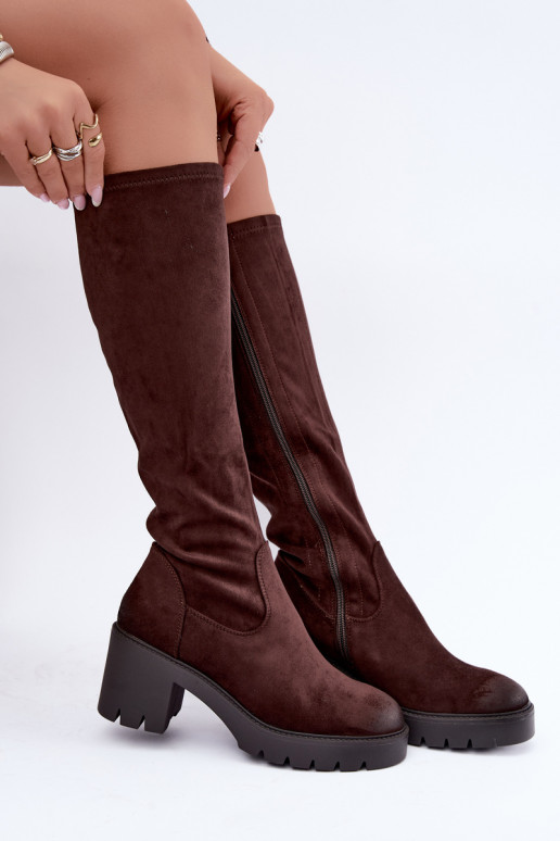 Stivali sopra il ginocchio in finta suede con tacco color cioccolato Vinceza 58332