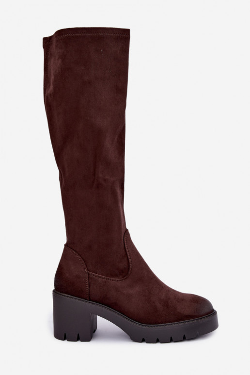 Stivali sopra il ginocchio in finta suede con tacco color cioccolato Vinceza 58332