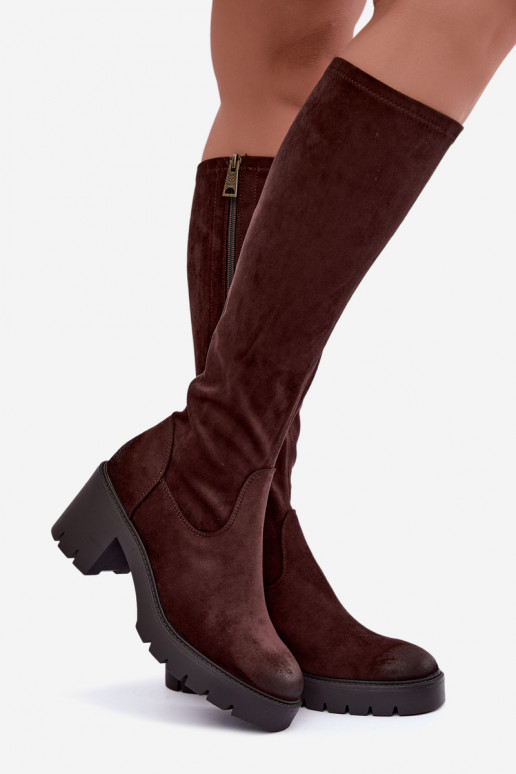 Stivali sopra il ginocchio in finta suede con tacco color cioccolato Vinceza 58332