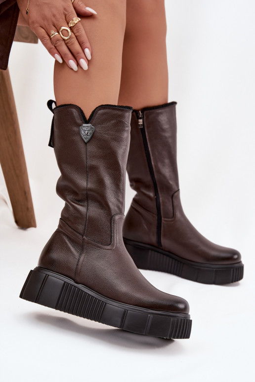 Stivali in pelle da donna con lana Zazoo 70121 cioccolato
