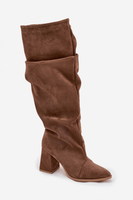 Stivali lunghi marroni in suede sintetico con tacco Zazoo 4228