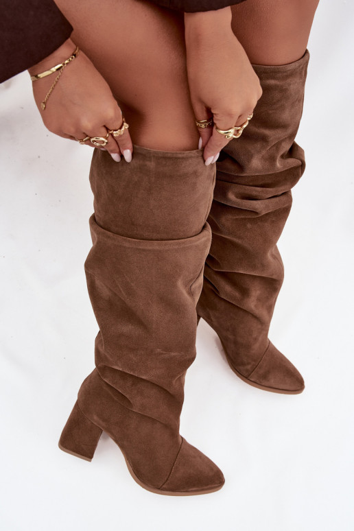 Stivali lunghi marroni in suede sintetico con tacco Zazoo 4228
