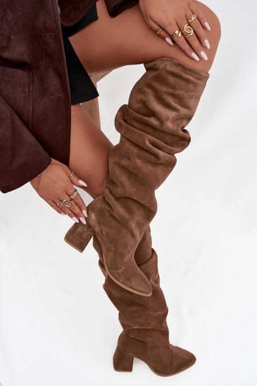 Stivali lunghi marroni in suede sintetico con tacco Zazoo 4228