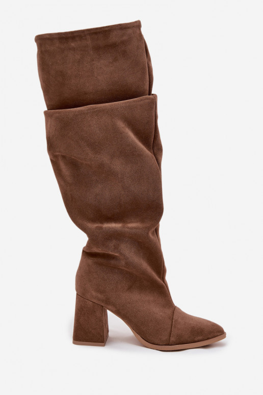 Stivali lunghi marroni in suede sintetico con tacco Zazoo 4228