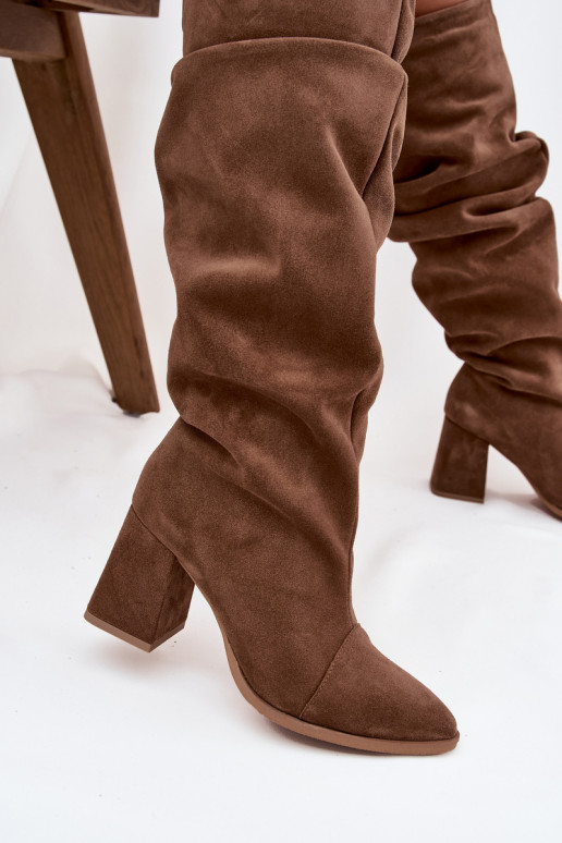 Stivali lunghi marroni in suede sintetico con tacco Zazoo 4228