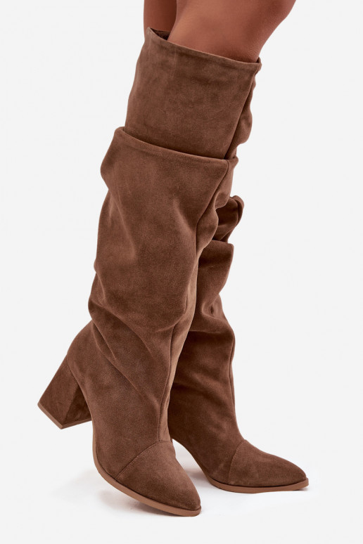 Stivali lunghi marroni in suede sintetico con tacco Zazoo 4228