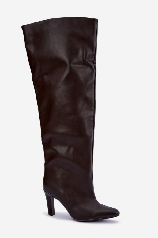 Stivali alti slip-on da donna con tacco appuntito sopra il ginocchio in cioccolato Emorine