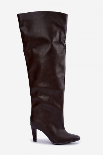 Stivali alti slip-on da donna con tacco appuntito sopra il ginocchio in cioccolato Emorine 2