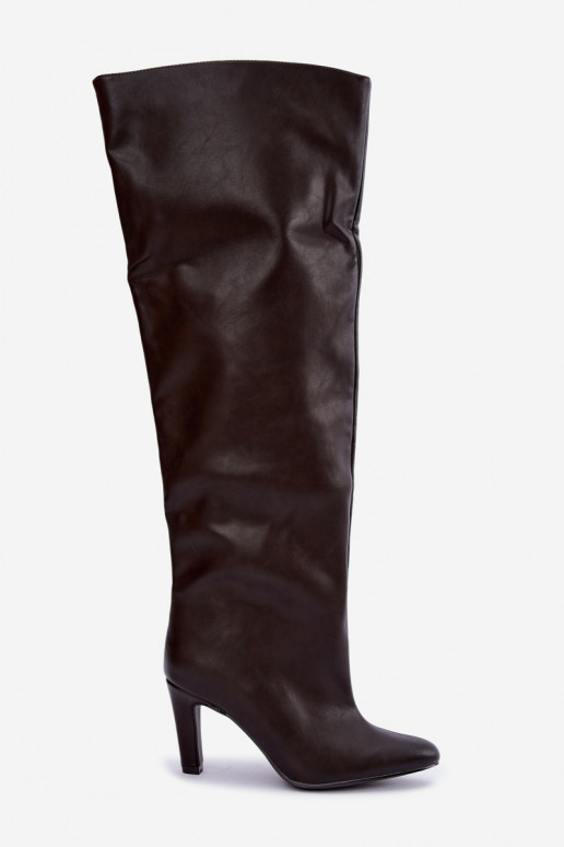 Stivali alti slip-on da donna con tacco appuntito sopra il ginocchio in cioccolato Emorine