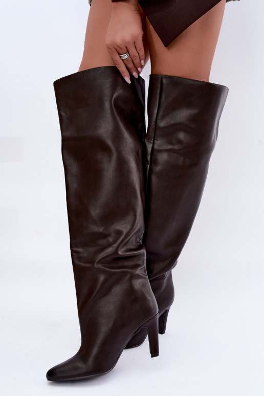 Stivali alti slip-on da donna con tacco appuntito sopra il ginocchio in cioccolato Emorine
