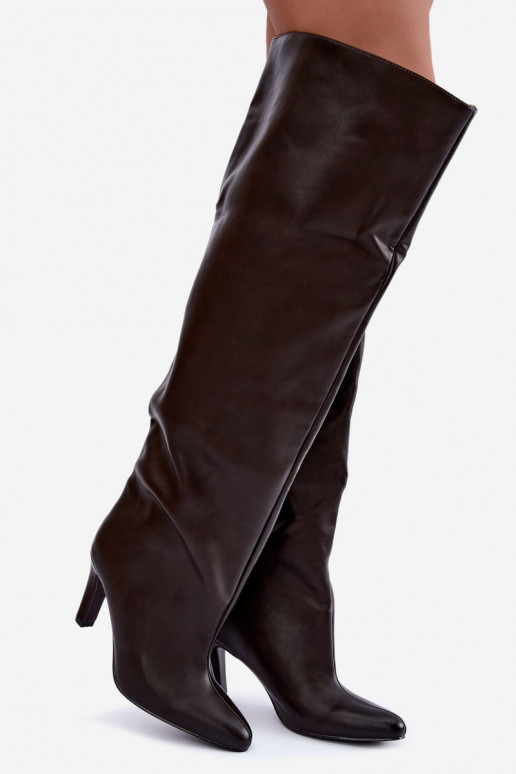 Stivali alti slip-on da donna con tacco appuntito sopra il ginocchio in cioccolato Emorine
