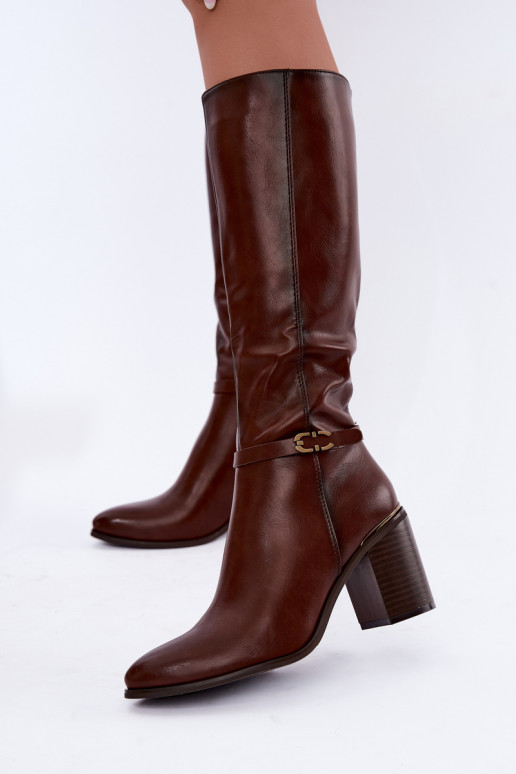 Stivali alti isolati da donna con tacchi decorati in marrone Sergio Leone KZ-08