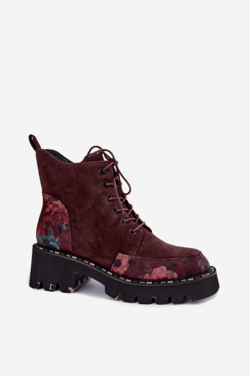 Stivali in suede bordeaux isolati con lacci e motivi floreali Artiker 59C0248