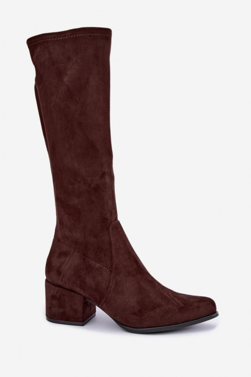 Stivali alti da donna con tacco basso in suede sintetico color cioccolato Sergio Leone KZ212