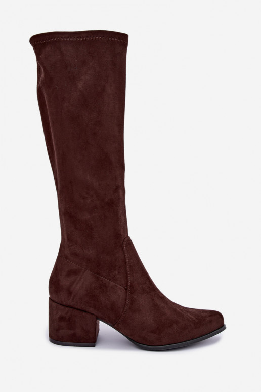 Stivali alti da donna con tacco basso in suede sintetico color cioccolato Sergio Leone KZ212