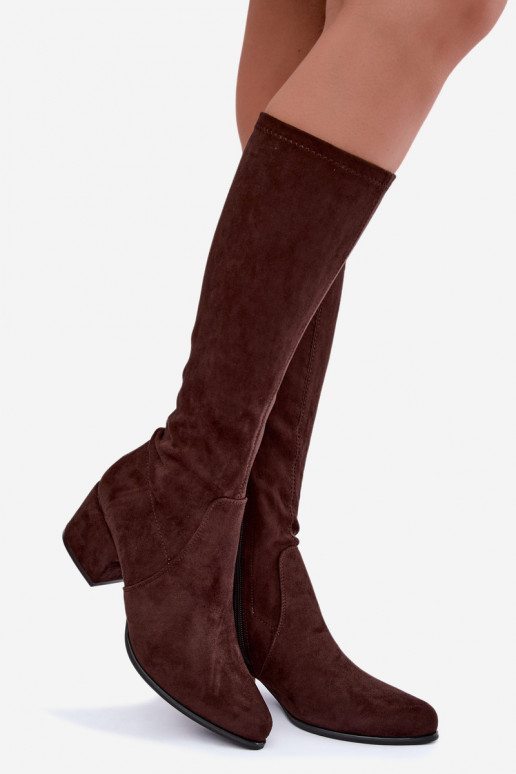 Stivali alti da donna con tacco basso in suede sintetico color cioccolato Sergio Leone KZ212